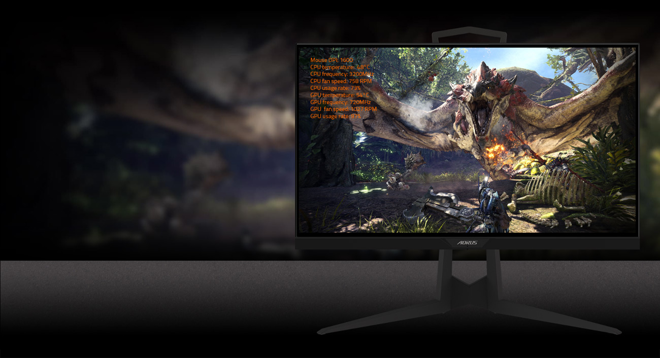GIGABYTE AORUS KD25F 24.5 Monitor Angled to the front, showing info won't be blocked by games with dashboard