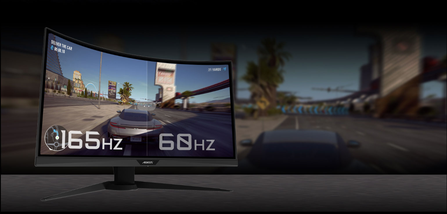 GIGABYTE AORUS CV27F 27 Monitor Angled to the Right with an racing Game Screenshot Split in Two, Showing the Difference Between 165HZ and 60HZ
