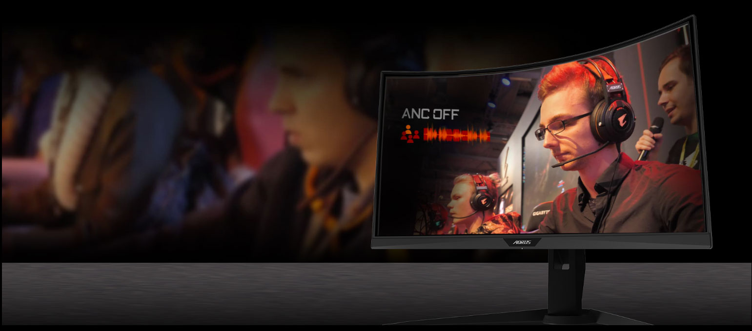 GIGABYTE AORUS CV27F 27 Monitor Angled to the left, showing the effect of anc with a man is gaming