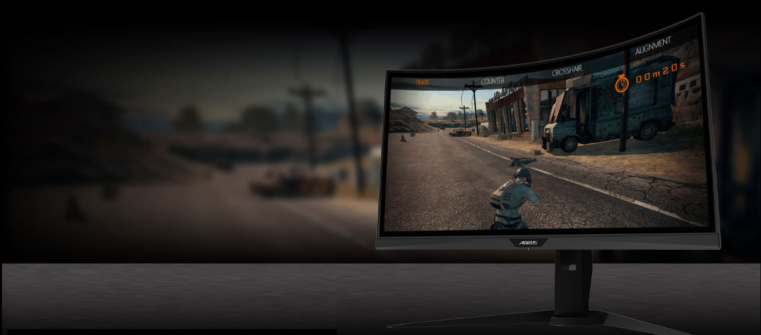 GIGABYTE AORUS CV27F 27 Monitor Angled to the left, showing the effect of gameassist in your game.
