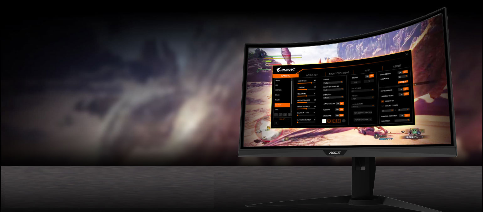 GIGABYTE AORUS CV27F 27 Monitor Angled to the left, showing the screenshot of osd sidekick