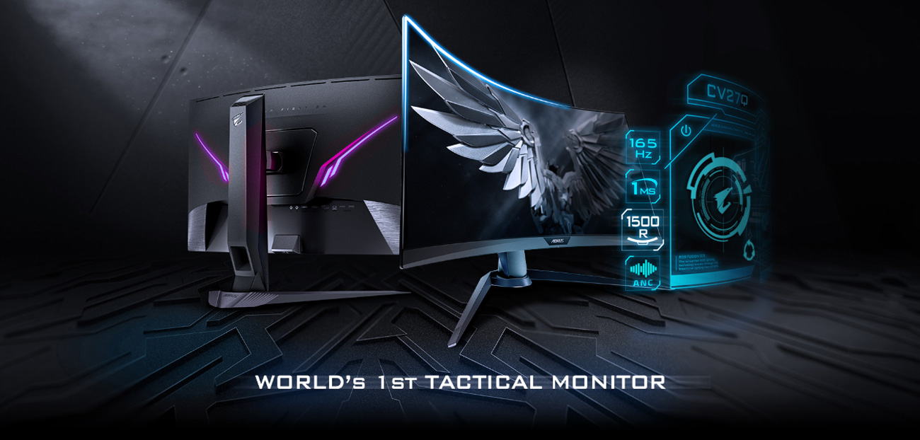 Two GIGABYTE AORUS CV27Q Monitors, One Facing Away and the Other to the Right Next to a Graphical Overlay That Reads: 165Hz, 1ms, 1500R and ANC Audio. Below the Monitors Is Text That Reads: WORLD'S 1ST TACTICAL MONITOR