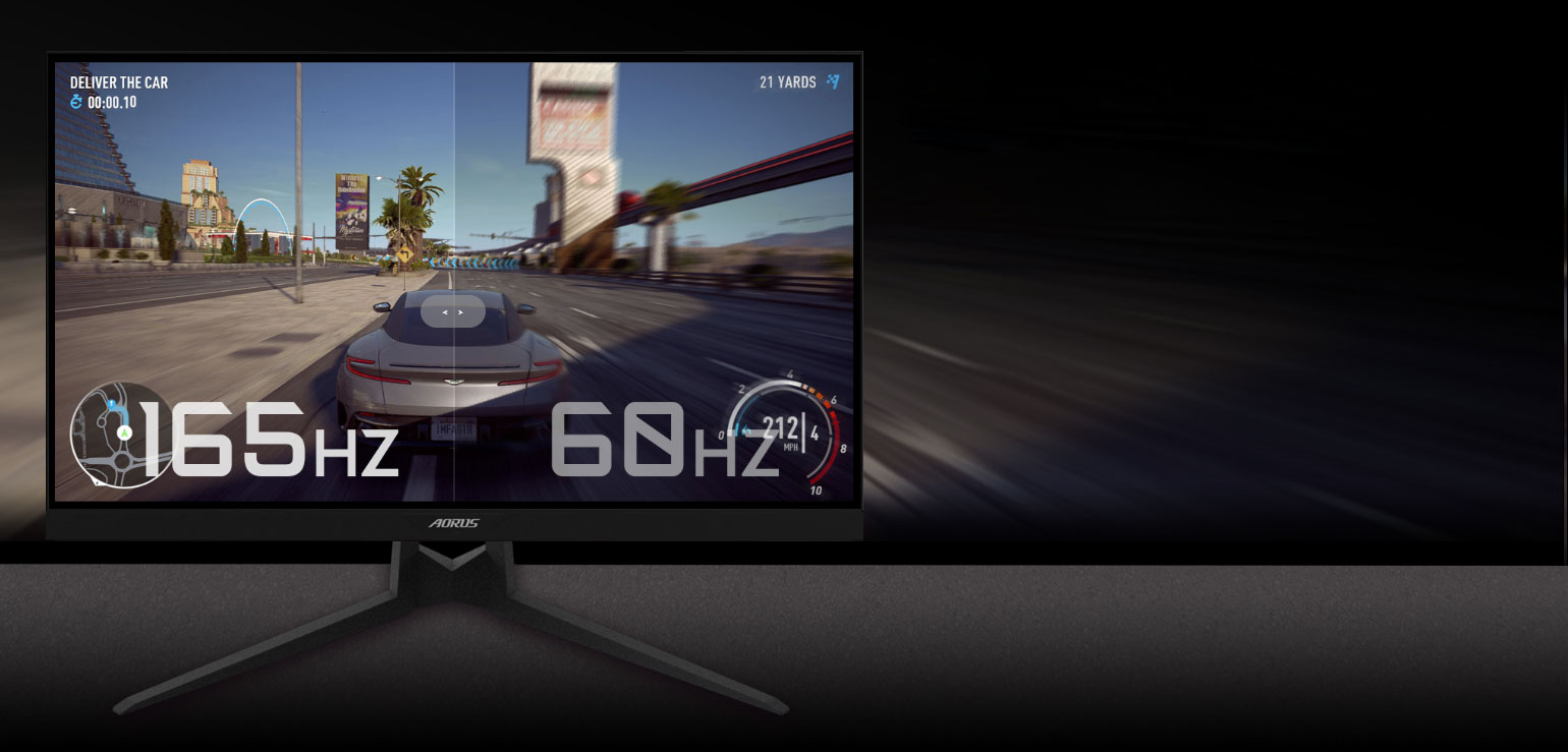 GIGABYTE AORUS FI27Q 27 Monitor Angled to the Right with an racing Game Screenshot Split in Two, Showing the Difference Between 165HZ and 60HZ