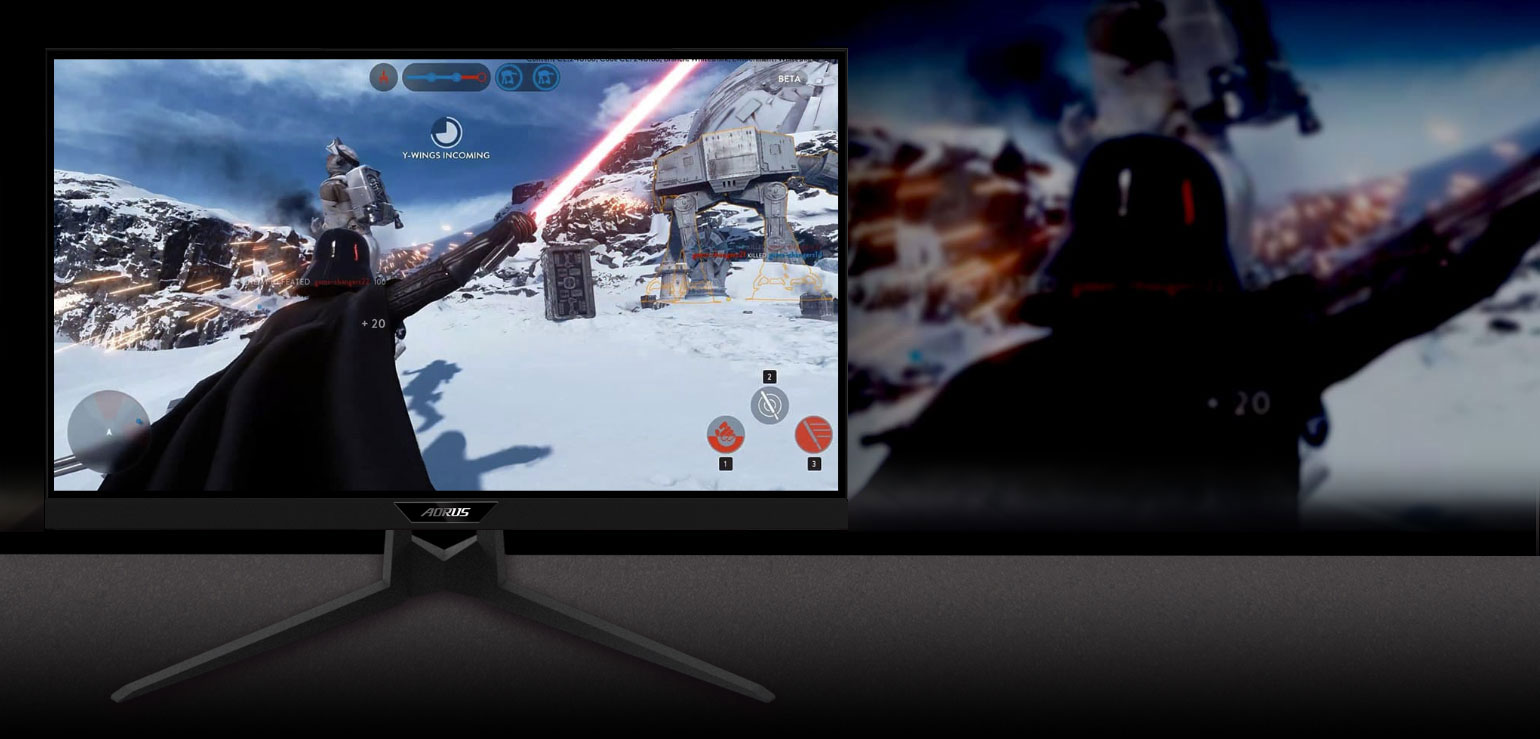 GIGABYTE AORUS FI27Q 27 Monitor Angled to the Right with an FPS Game Screenshot showing the effect of 10bits color IPS