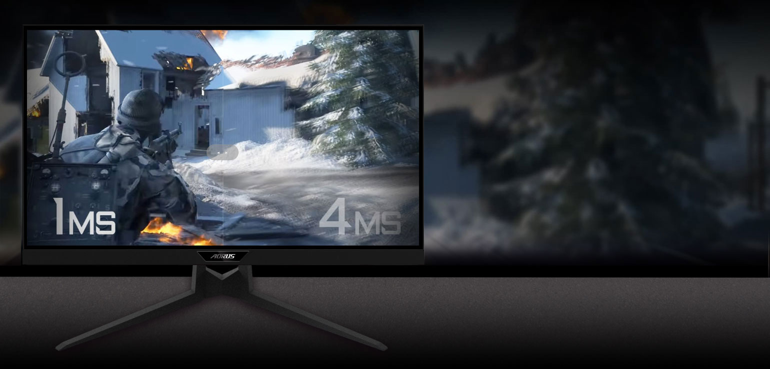 GIGABYTE AORUS FI27Q 27 Monitor Angled to the Right with an FPS Game Screenshot Split in Two, Showing the Difference Between a Crisp 1ms Response Time and a Blurred 4ms Response Time