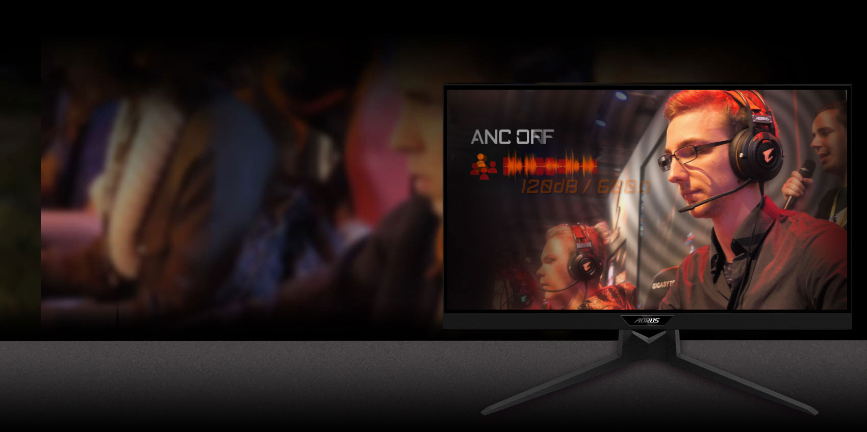 GIGABYTE AORUS FI27Q 27 Monitor Angled to the left, showing the effect of anc with a man is gaming