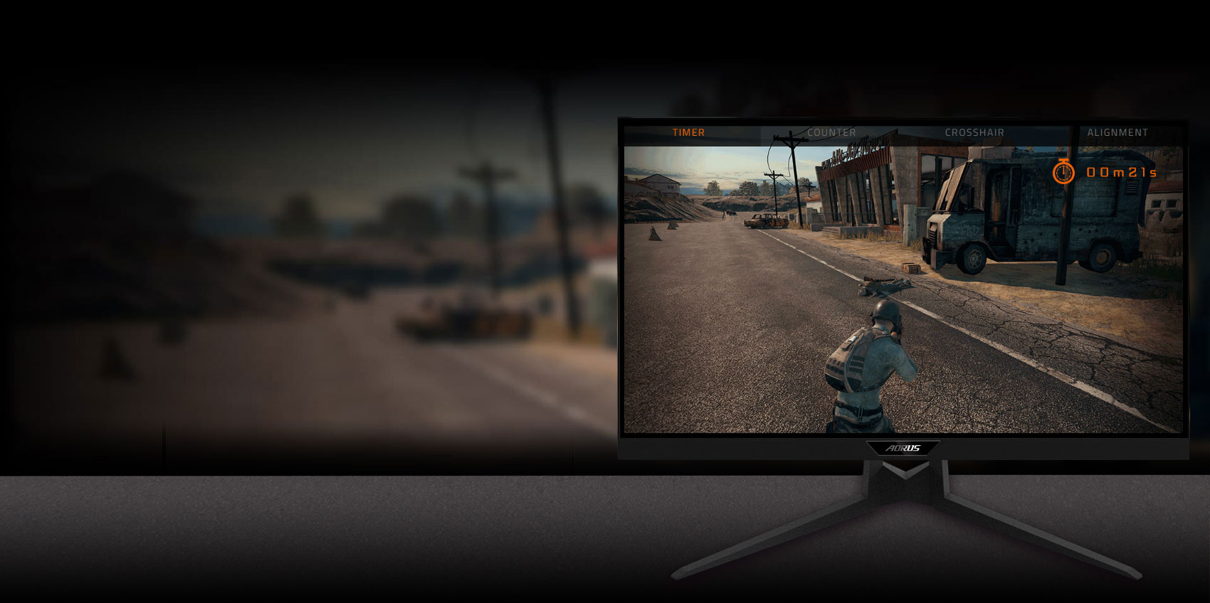 GIGABYTE AORUS FI27Q 27 Monitor Angled to the left, showing the effect of gameassist in your game.