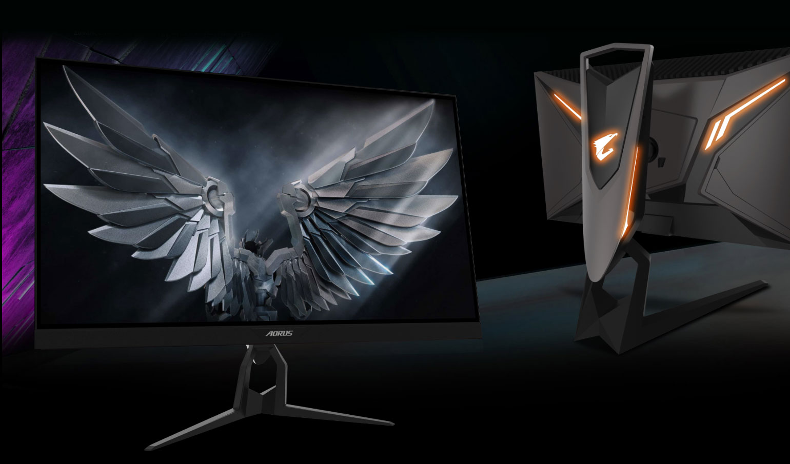 two monitors , one is facing front and the other is showing back of the GIGABYTE AORUS Monitor