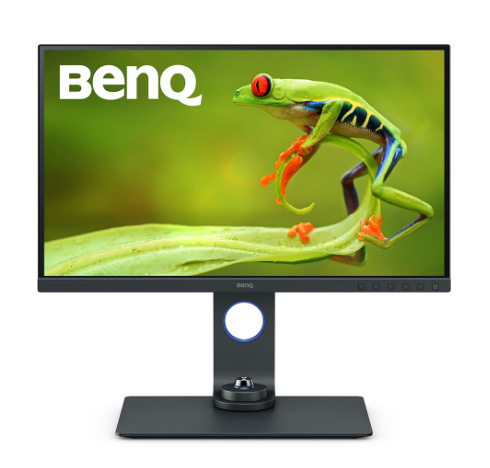 BenQ SW270C Monitor Facing Forward, Showing a Small Frog on the Edge of a Curled Leaf