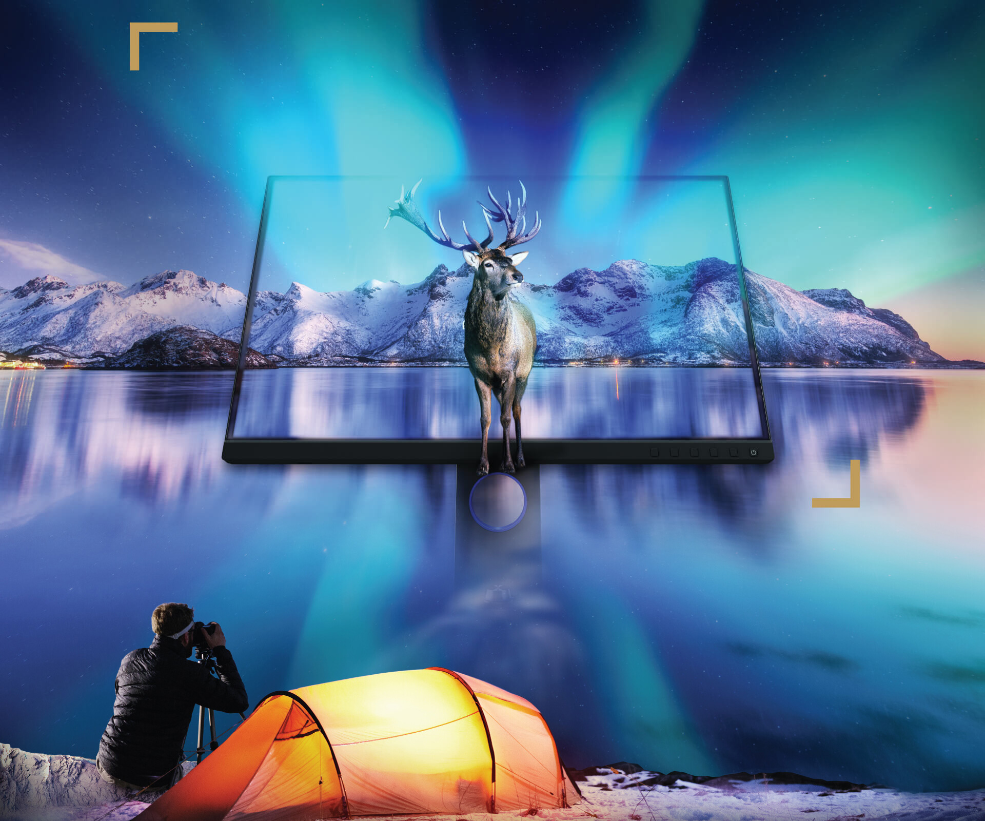 BenQ SW270C Monitor Screen Angled Up, Blending in with the larger image of a Reindeer on on a lake in front of snow covered mountains. Below the lake is a man leaning down, taking a photo next to his tent that has light inside