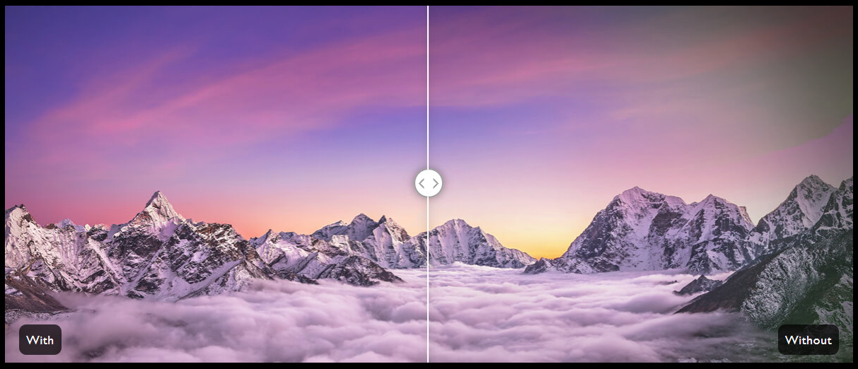 Comparison image of snow covered mountains above clouds in a pink-purple sky where the sun is rising