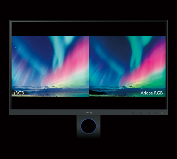 BenQ SW270C screen facing forward with comparison images of aurora borealis in RGB and Adobe sRGB