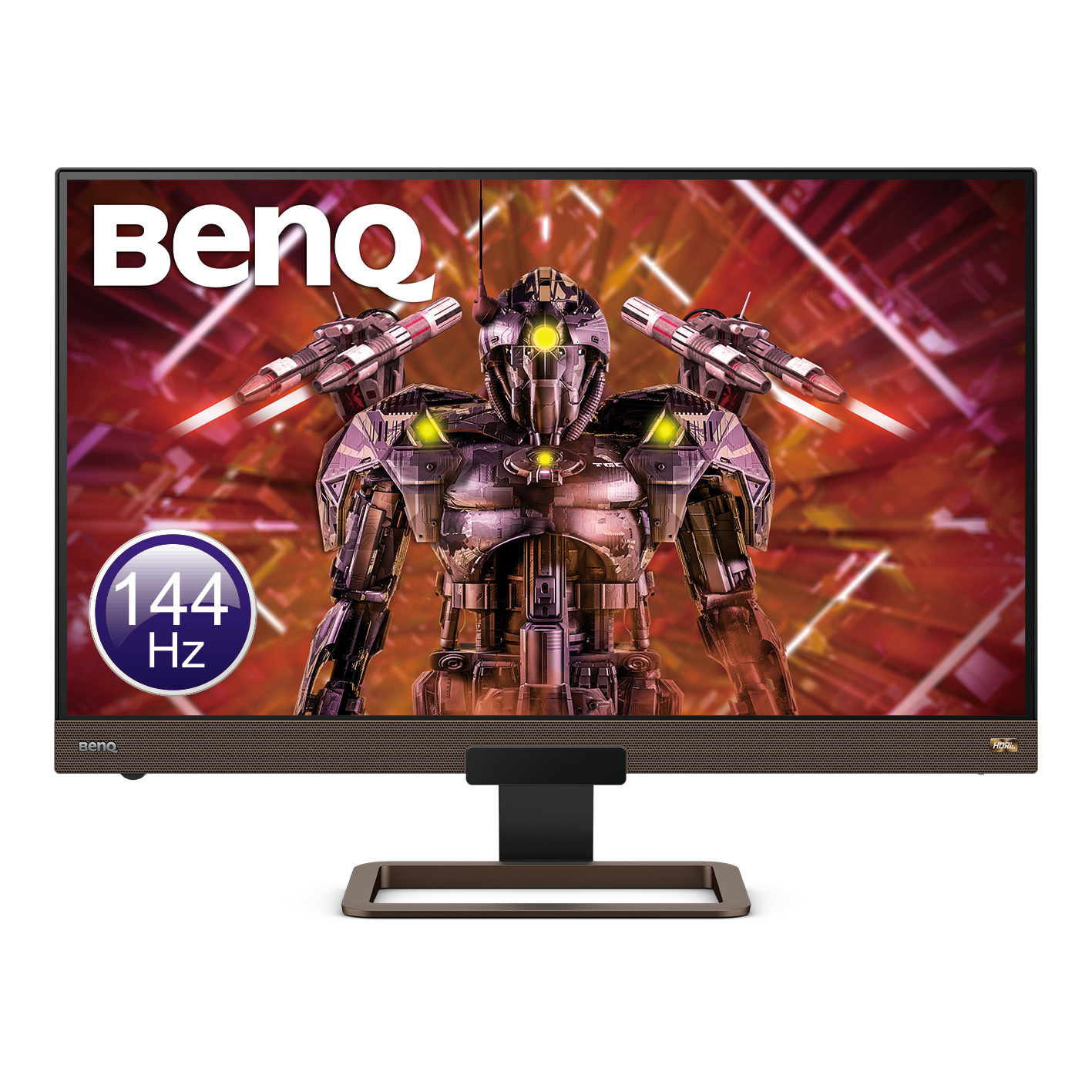 the monitor with a picture of robot as screen, a beno logo on the top left coner and a 144HZ icon on the left bottom coner