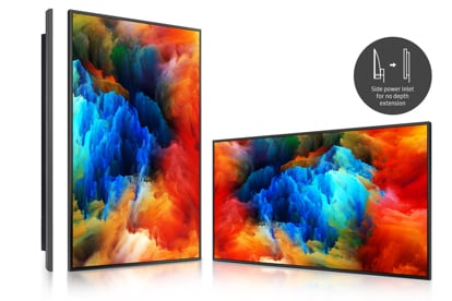 Samsung Displays with Colored Smoke on Screen, Facing to the right to show its slim profile, angled horizontally and vertically