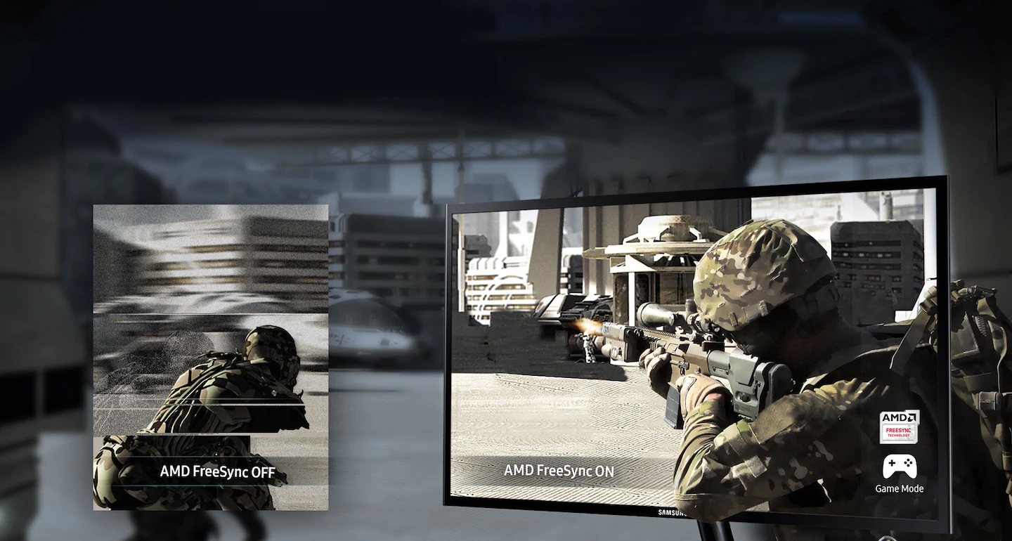 the monitor with a shooting game screenshot and the other image on the left showing the different effect between AMD FreeSync off and on