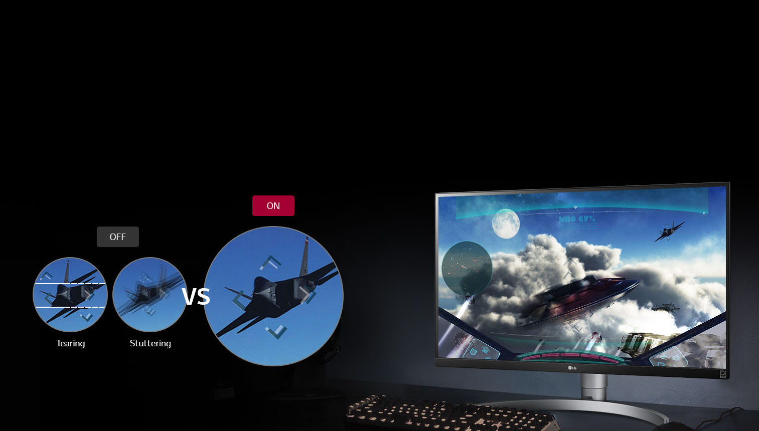 LG Monitor Showing a Jet Flying Simulator and a Comparison of Tearing/Stuttering Eliminated by FreeSync