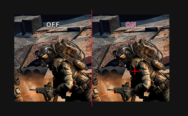 a image splited into two, showing difference between Crosshair on and off