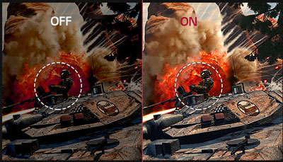 Game scene comparison between Black Stabilizer on and off 