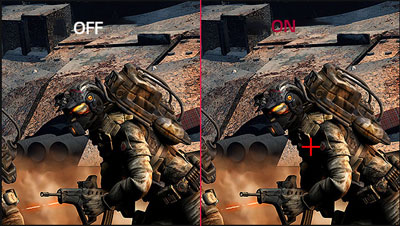  Game scene comparison between Crosshair on and off. When Crosshair on, a red crosshair appears on the screen 