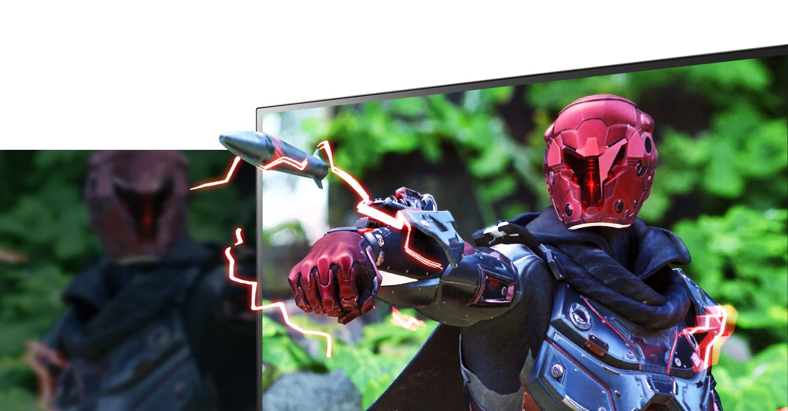 the monitor with a hero robot as screen showing the effect of true colors