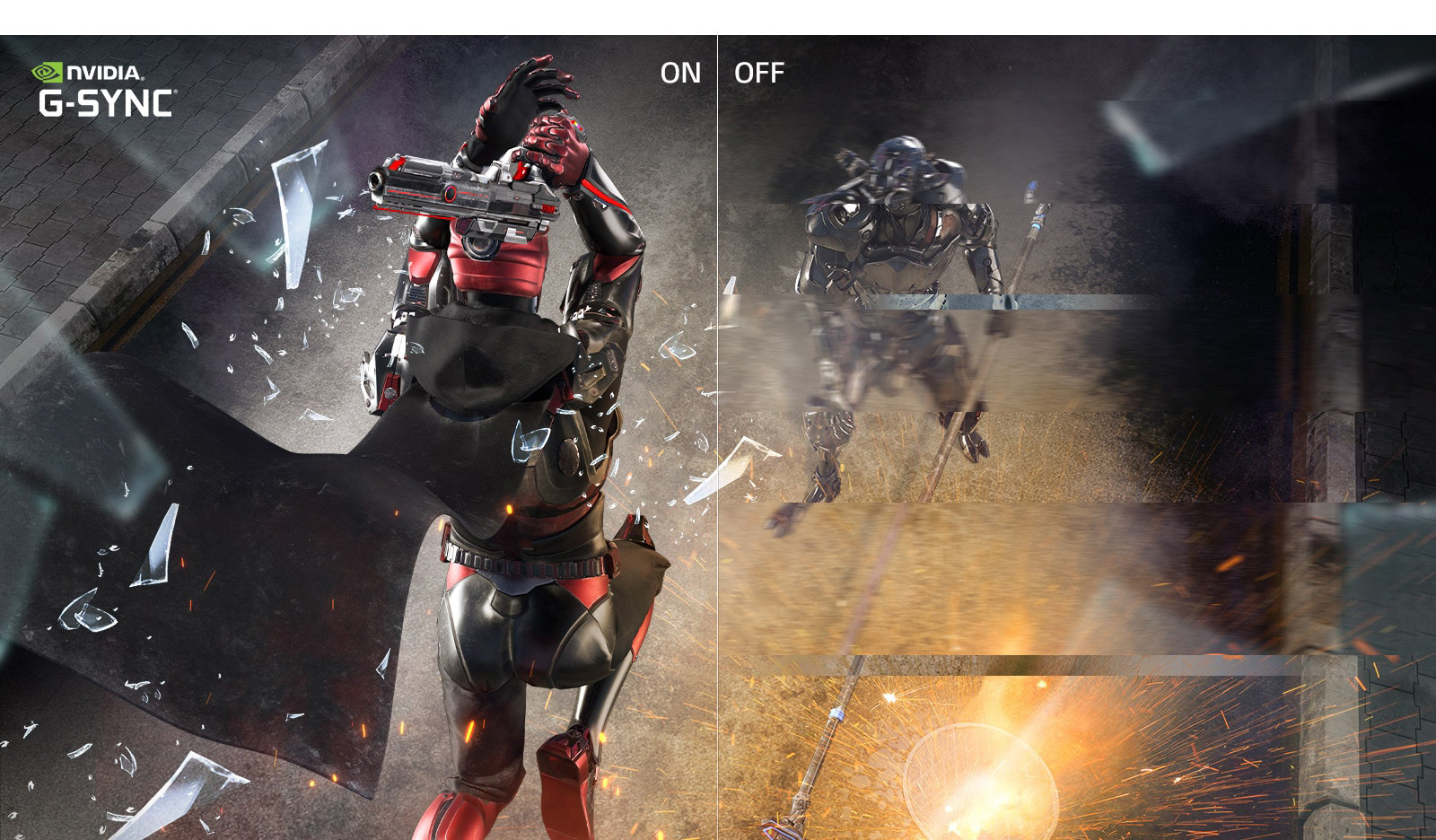 a image splited into two, showing difference effect between g-sync on and off