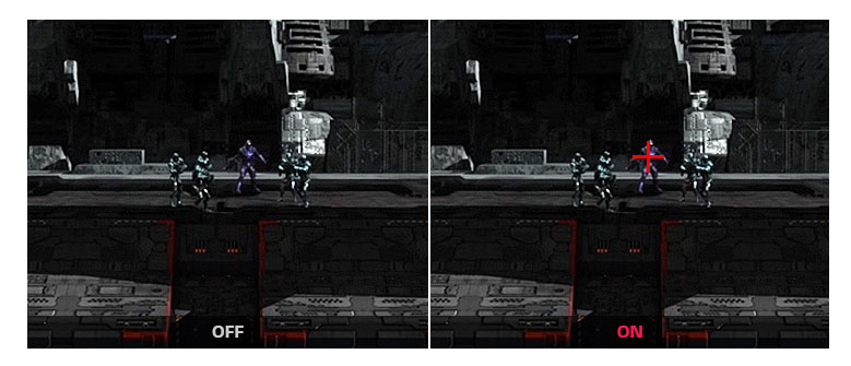 a image splited into two, showing difference effect between Crosshair on and off