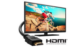 HDMI Cable Next to a Sceptre Monitor Angled to the Right with a Mountain Biker Traversing Rocks on Screen