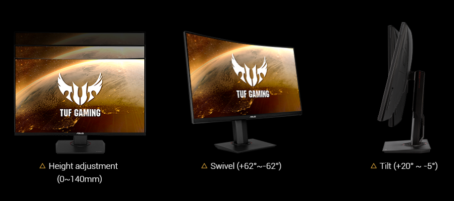 three difference angles of the ASUS monitor's height, swivel and tilt adjustments