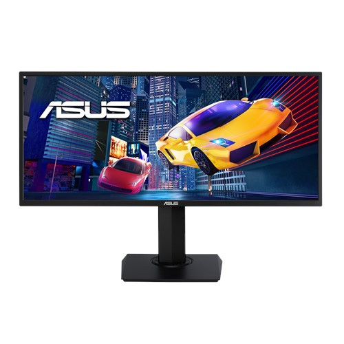 a monitor with a racing car as screen , asus logo