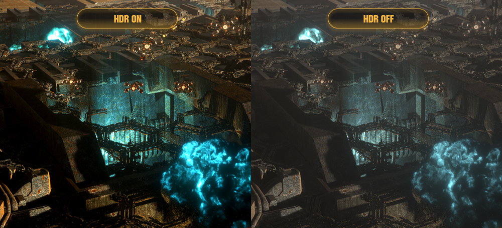 one image splited into two as screen, showing difference effect between HDR on and off