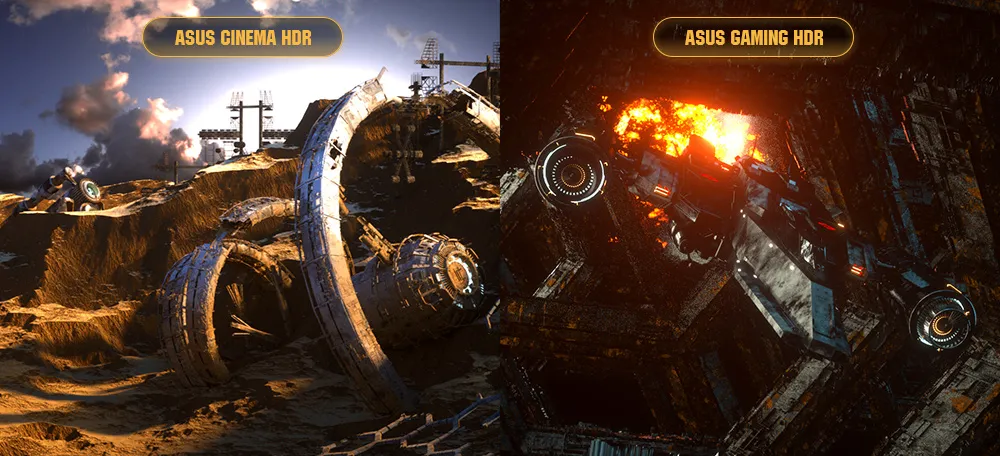 one image splited into two, showing difference effect between Asus cinema HDR and Asus gaming HDR