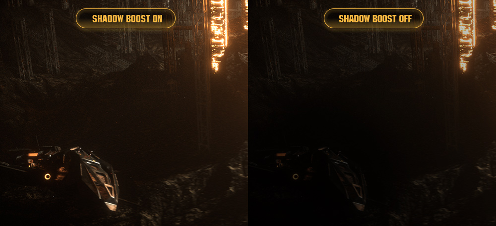 one image splited into two as screen, showing difference effect between shadow boost on and off