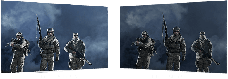 game_cinemak ,two images to show different between GameVisual on and off, three soliders in different brighter 