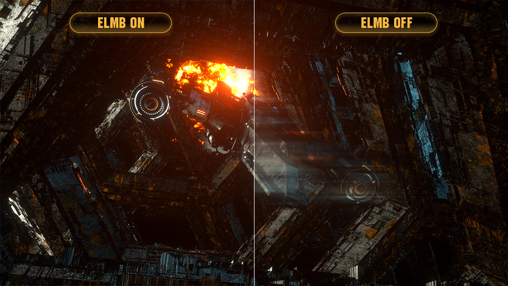 one image split into two as screen, showing difference effect between ELMB on and off