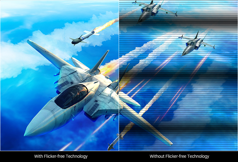 one image split into two, showing difference between Flicker-free Technology on and off