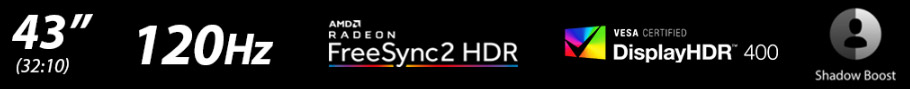  43 inch icon, 120Hz icon, FreeSync icon, DidplayHDR icon, Shadow Boost icon. 