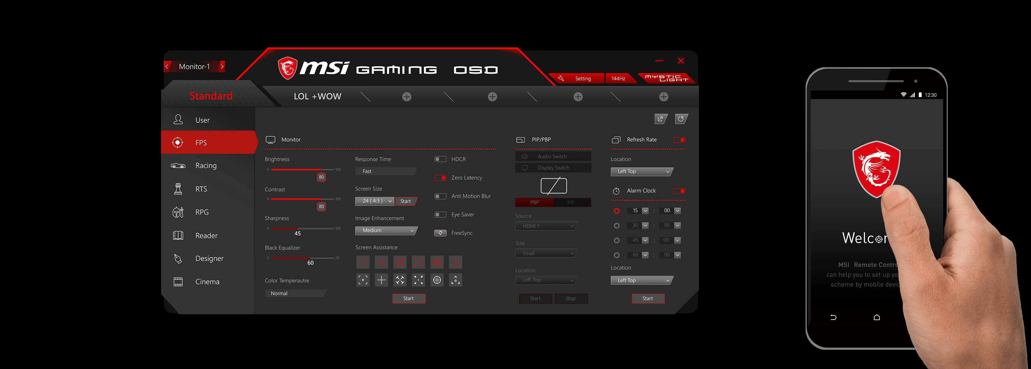 a screenshot of Gaming OSD beside its mobile app