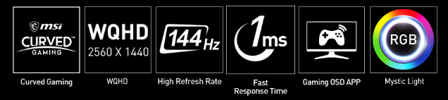 cruved icon, WQHD icon, 144hz icon, 1ms icon, gaming OSD app icon, Mystic Light icon