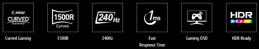 cruved icon, 1500R icon, 240Hz icon, 1ms icon, gaming OSD app icon, HDR icon