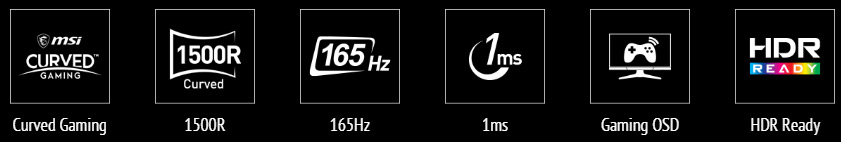 cruved icon, 1500R icon, 165hz icon, 1ms icon, gaming OSD app icon, HDR icon