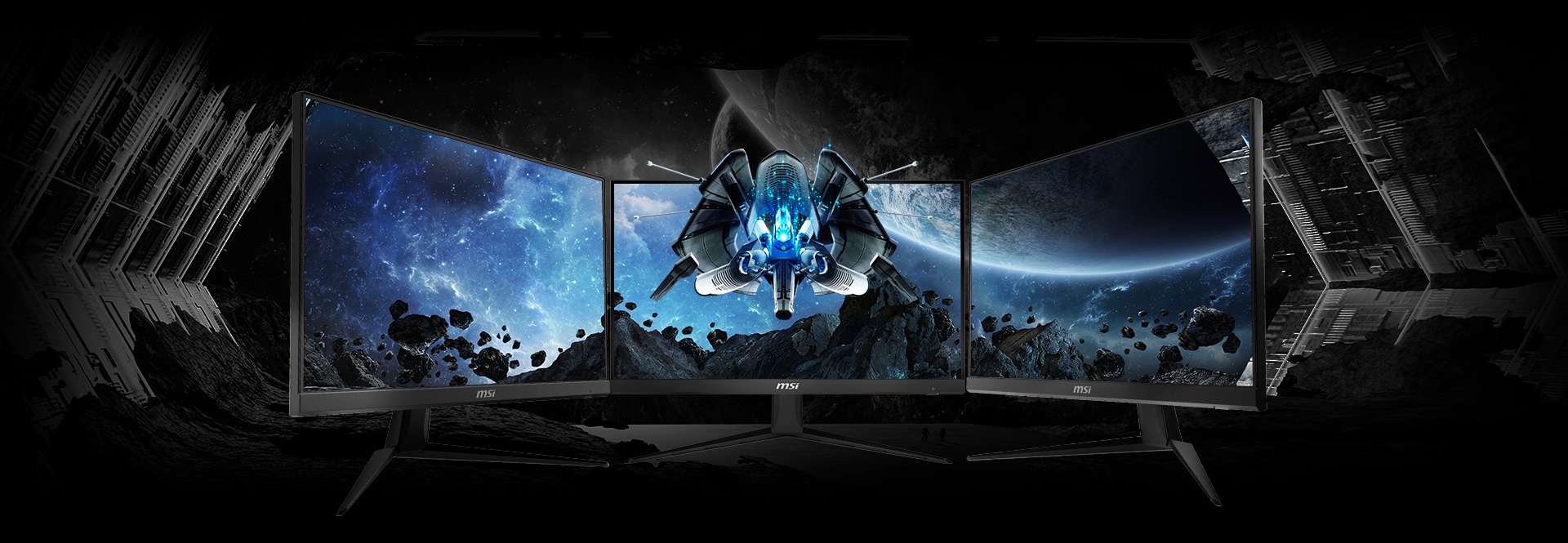 three monitors link together and a spaceship image crossing them