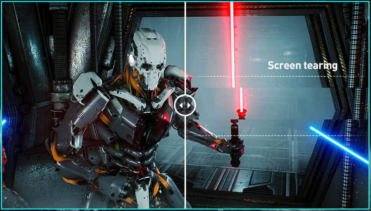 one image splited into two, showing different effect between screen tearing with and without