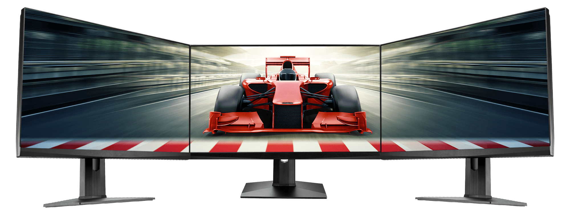 three monitors link together and a racing car image crossing them