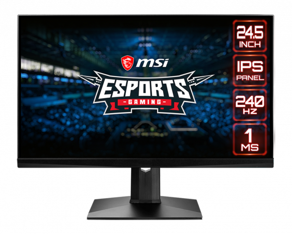  a monitor with a game site as screen and EXPORTS logo and MSI logo in the center of it, 24.5inch icon, IPS icon, 240hz icon and 1ms icon on the right of the monitor