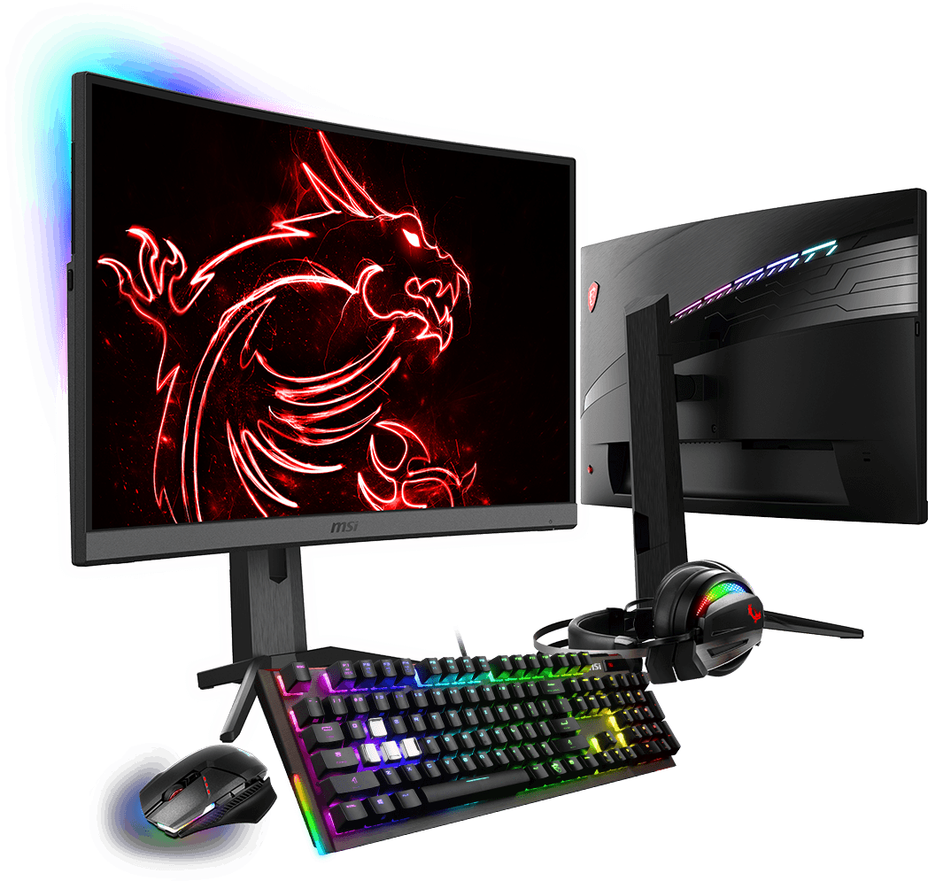 a set of computer with a red dragon image as screen