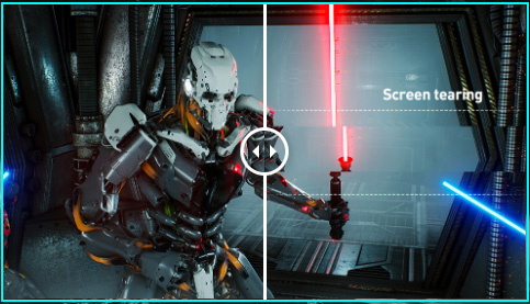 one image splited into two, showing different effect between with freesync and without
