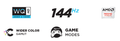 WQ HD icon, 144hz icon, AMD Freesync icon, Wider color icon, Game Modes icon 