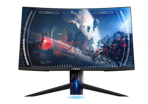 a curved monitor with a space image as screen