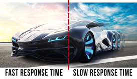 Fast Versus Slow Response Time of a Sports Car Racing to the Left on an Asphalt Road Under a Colorful Daytime Sky