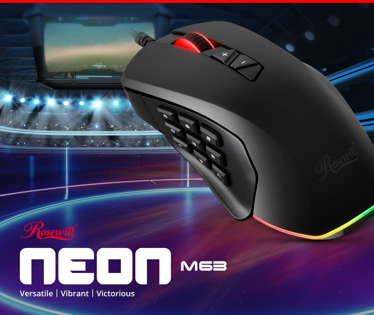 Rosewill RGB Gaming Mouse with Interchangeable Side Plates Angled Up to the Left in Front of an E-Sports Stadium, Next to Text that reads: Rosewill NEON M63 - Versatile | Vibrant | Victorious